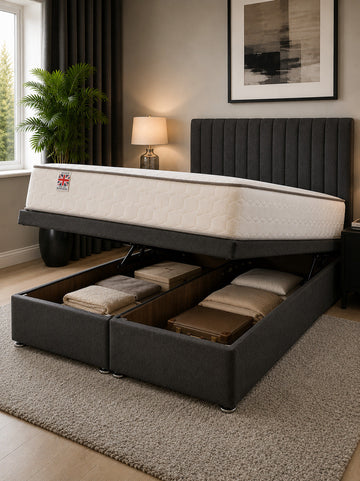 Premium grey upholstered ottoman storage bed with lift-up mattress in a modern UK bedroom