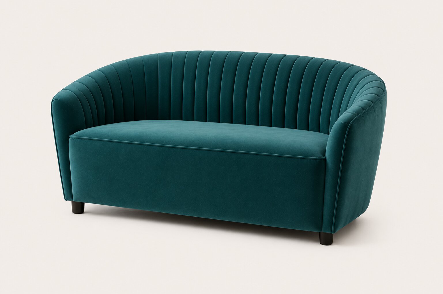 A modern curved loveseat sofa upholstered in deep teal velvet with vertical channel tufting on the backrest, shown against a plain light beige background.
