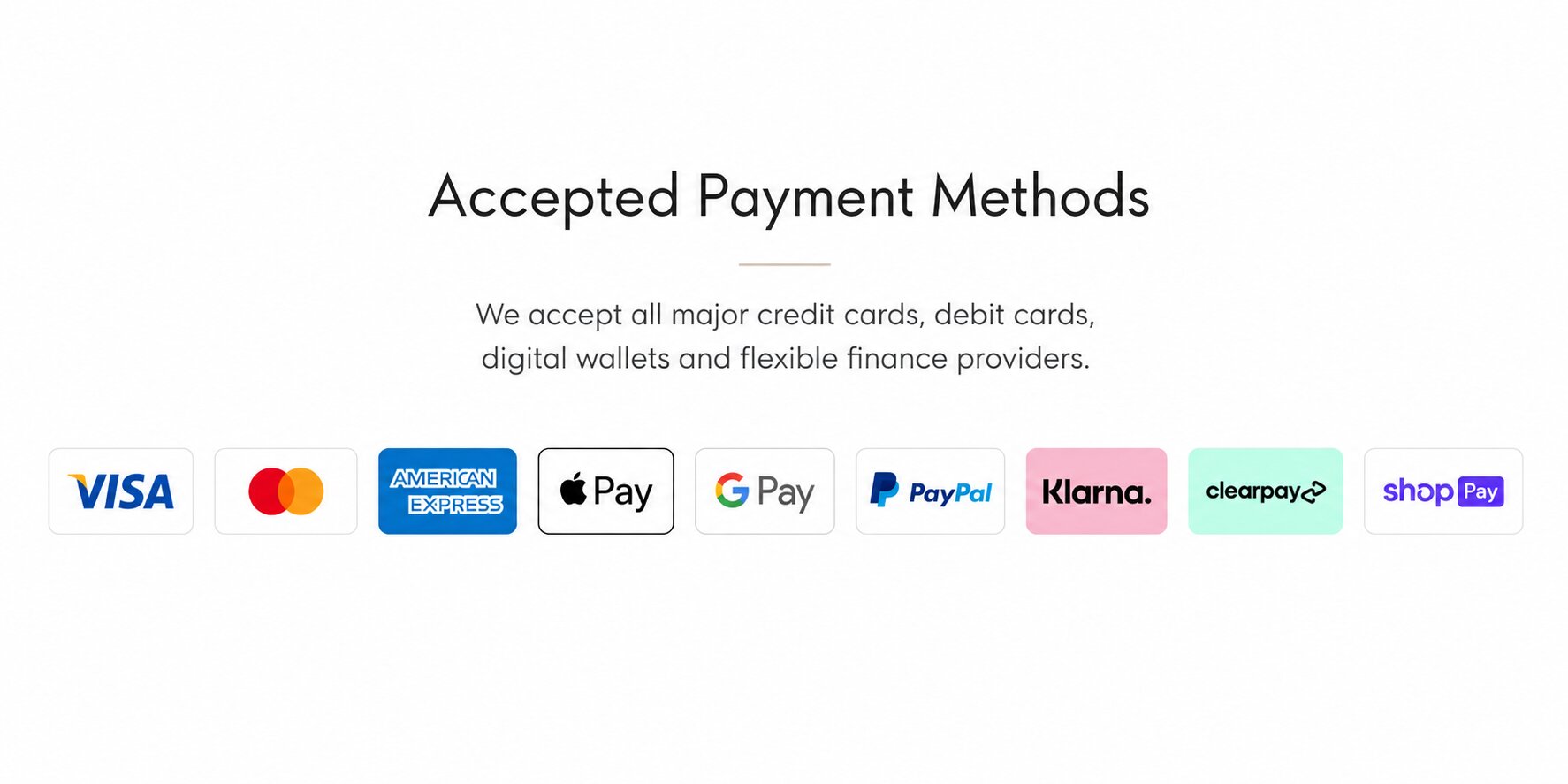 Accepted Brooklands payment methods including Visa, Mastercard, American Express, Apple Pay, Google Pay, PayPal, Klarna, Clearpay and Shop Pay
