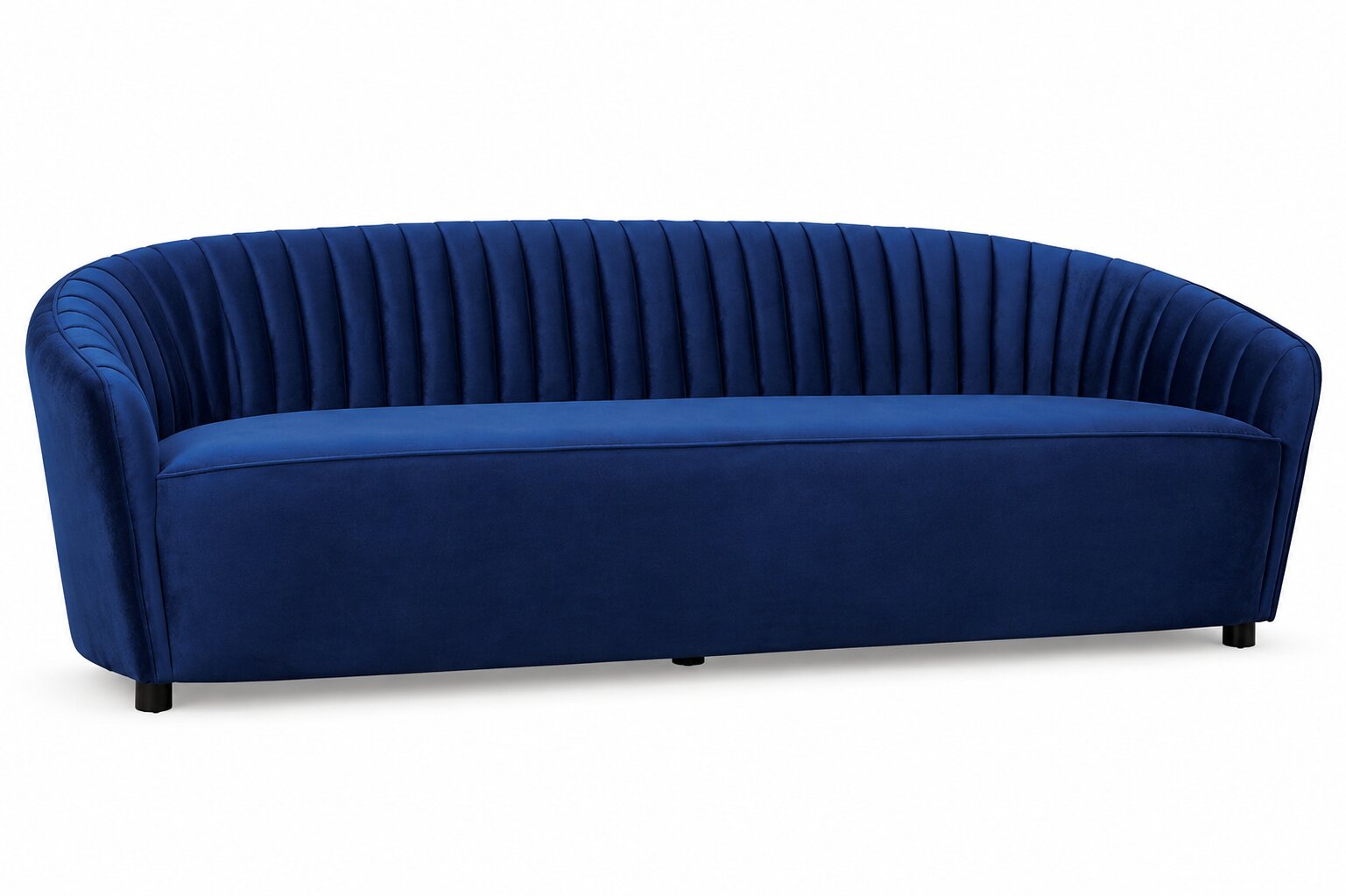 A curved velvet sofa in a rich royal blue color, featuring vertical channel tufting on the backrest and small black legs, shown against a plain white background.