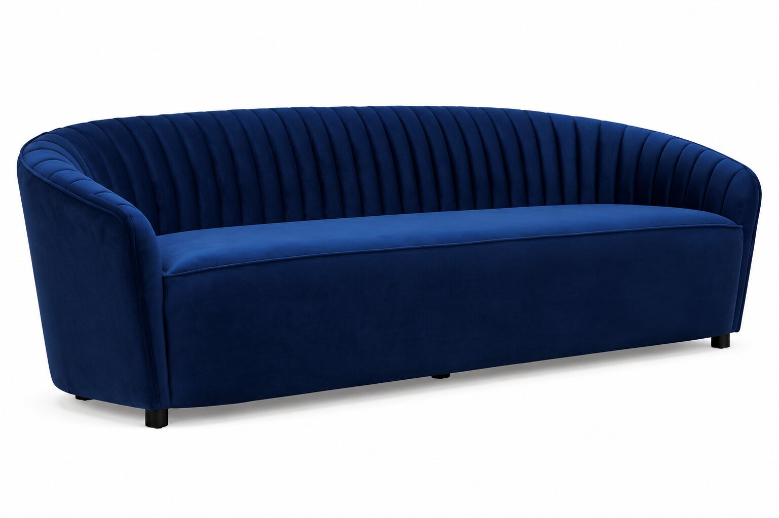 A curved velvet sofa in a rich navy blue color, featuring vertical channel tufting on the backrest and small black legs, shown against a plain white background.