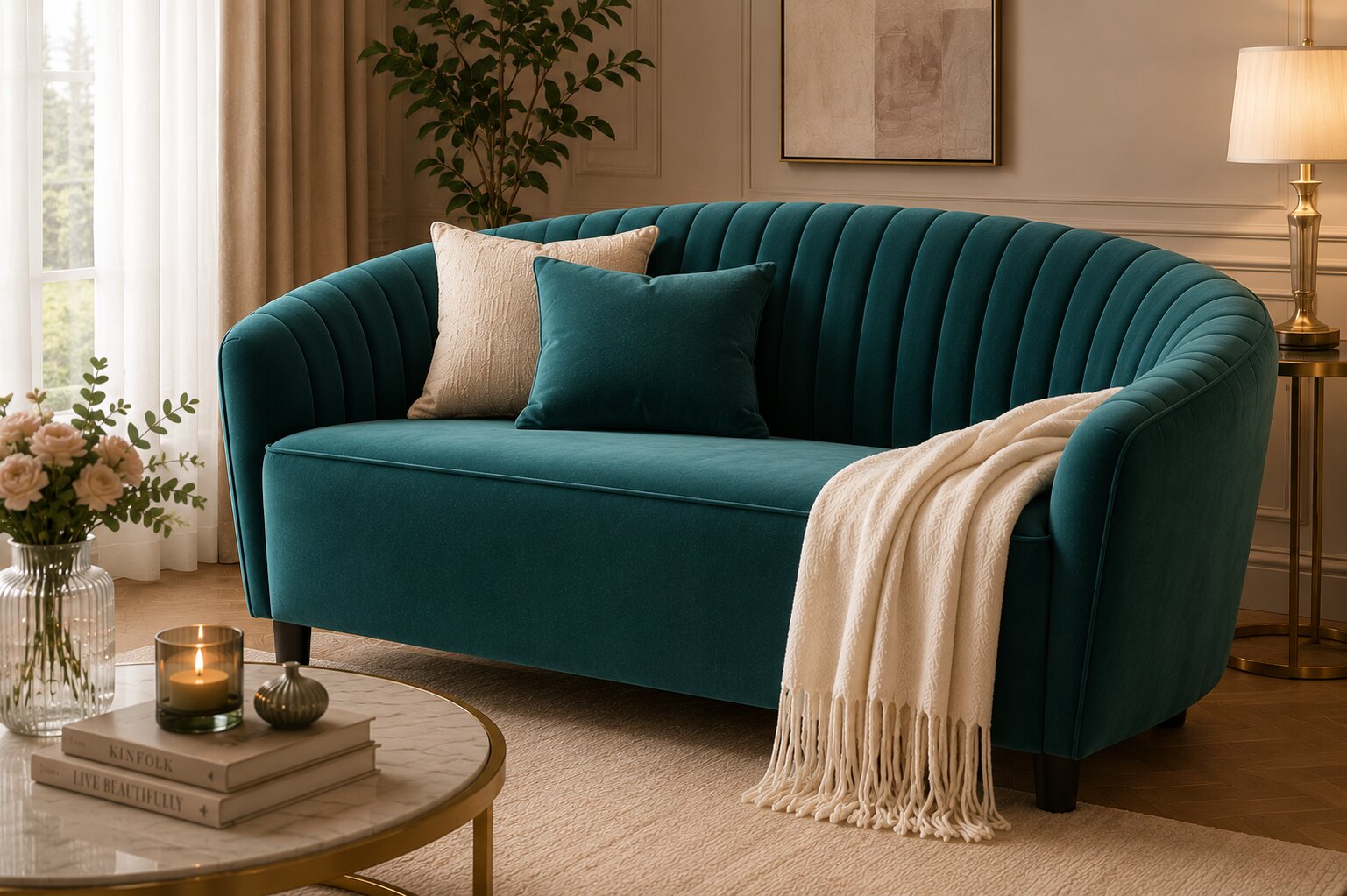 A curved teal velvet loveseat in a styled living room, with cream throw pillows, a cream fringed throw blanket, a round coffee table, and a floor lamp in the background.