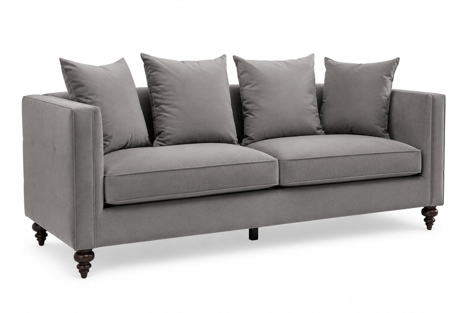 A gray upholstered loveseat with four matching back cushions, dark turned wooden legs, and a clean studio background.
