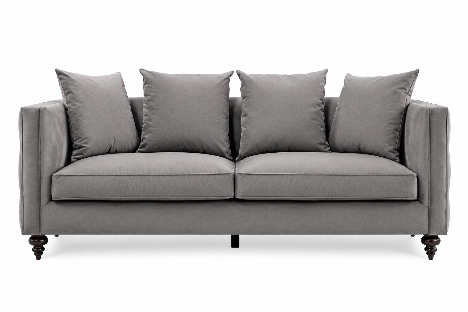 A gray upholstered loveseat with four matching back cushions, shown from the front on a plain white background.