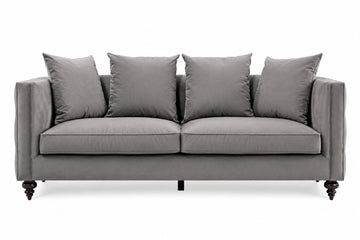 A gray upholstered loveseat with four matching back cushions, shown from the front on a plain white background.