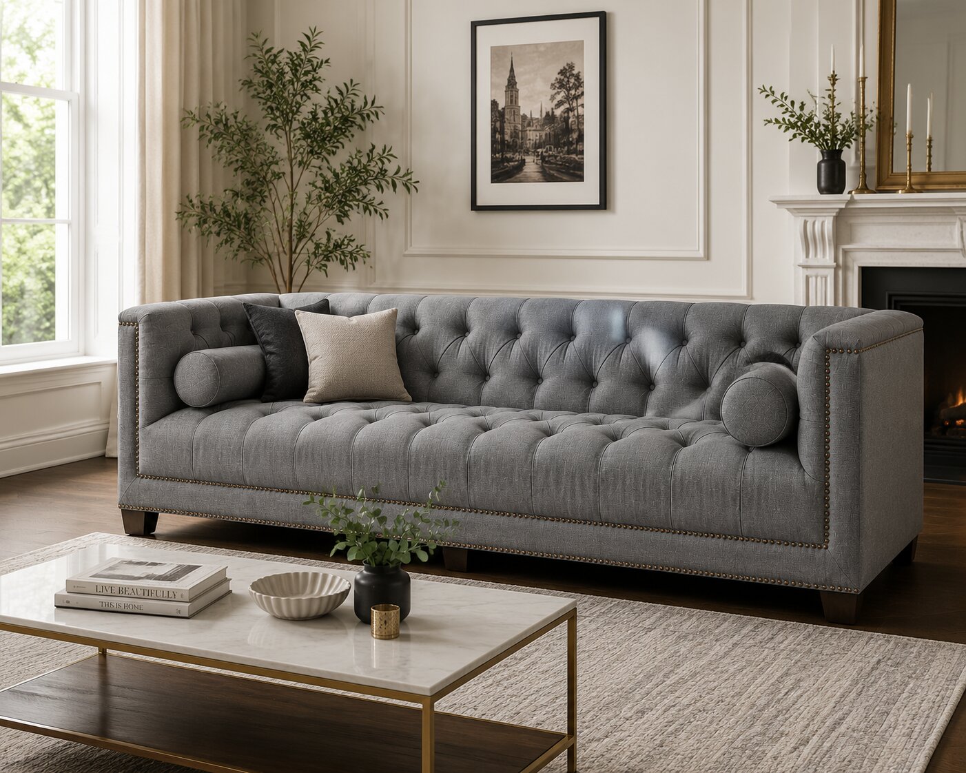A gray tufted Chesterfield-style sofa in a styled living room with a white coffee table, neutral pillows, a fireplace, and framed wall art.