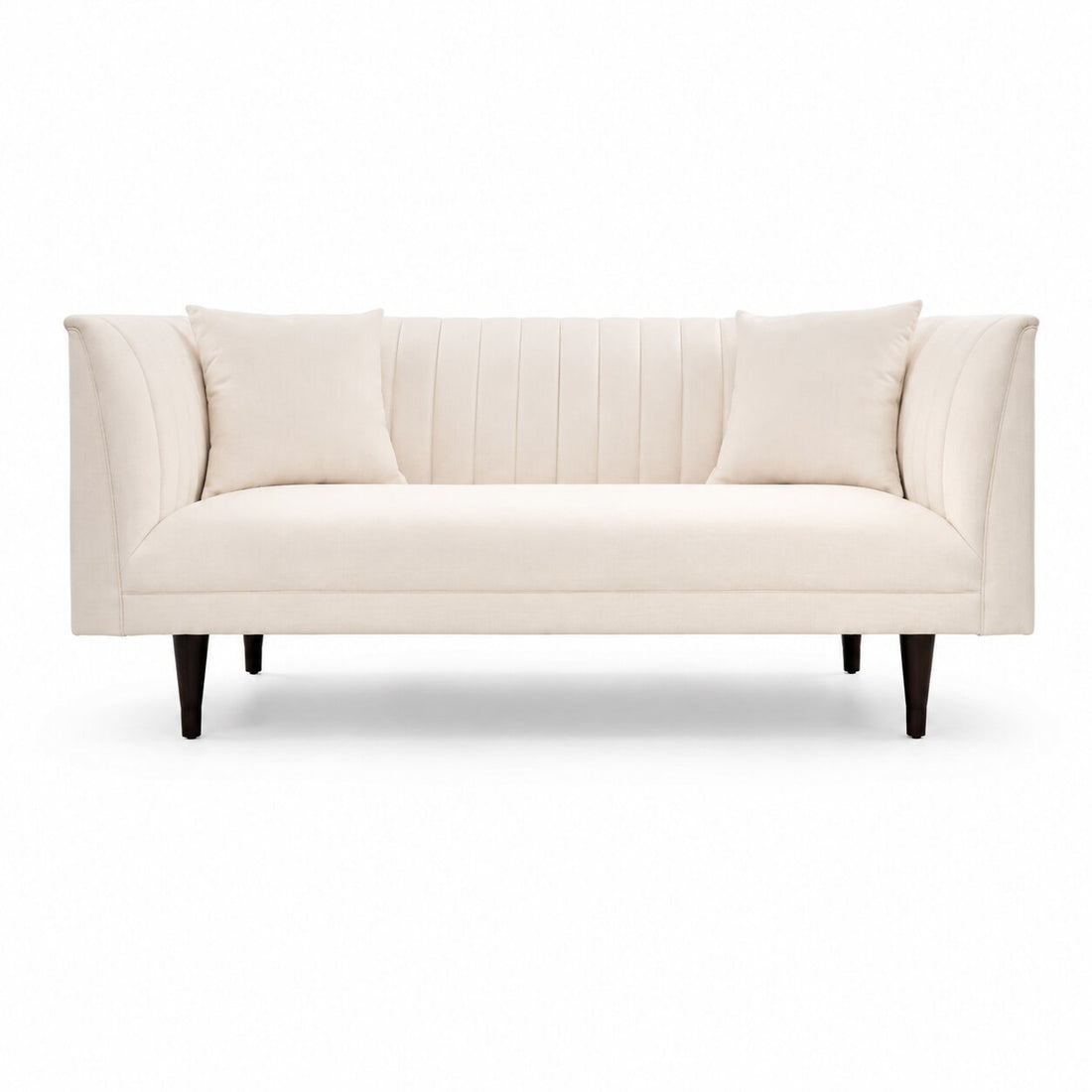 An off-white upholstered loveseat with vertical channel tufting on the backrest, two matching throw pillows, and tapered dark legs, shown against a plain white background.