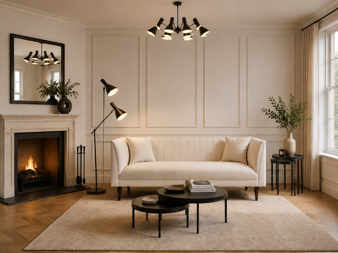 An off-white upholstered loveseat with vertical channel tufting on the backrest, two matching throw pillows, and tapered dark legs, shown against a plain white background.