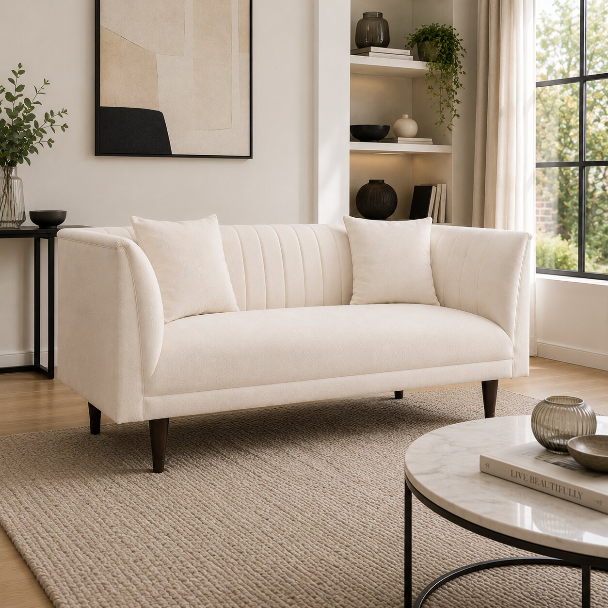 An off-white upholstered loveseat with dark tapered legs in a bright, modern living room setting.