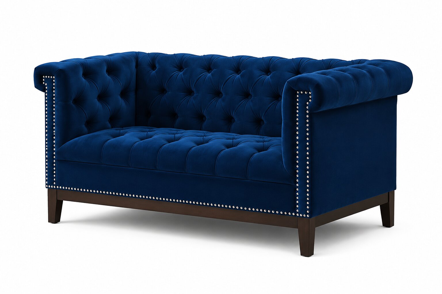 A classic Chesterfield loveseat sofa upholstered in deep navy blue velvet, featuring tufted button detailing, rolled arms, silver nailhead trim, and dark brown wooden legs, shown against a plain white background.