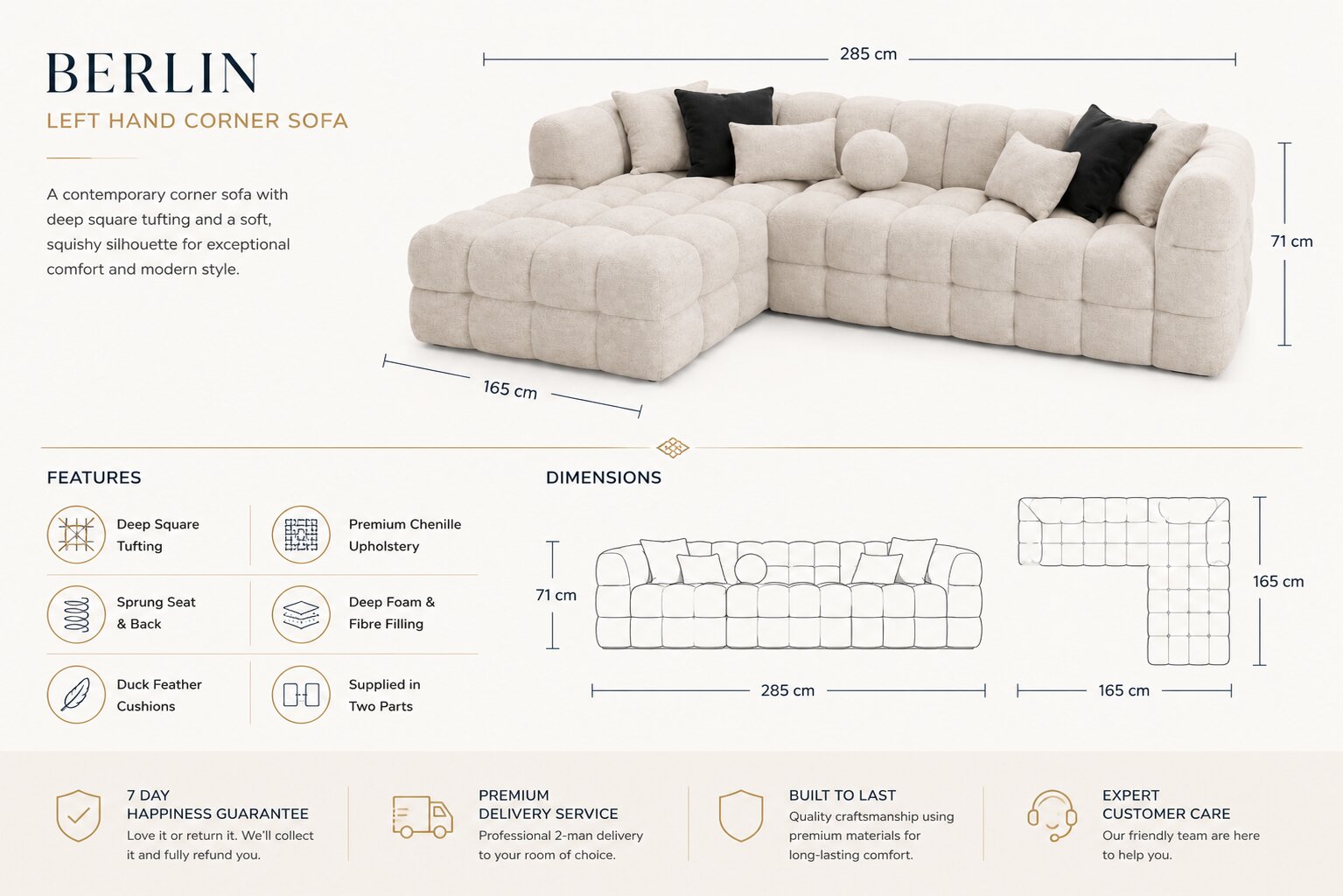 A product infographic for a BERLIN left hand corner sofa, showing a 3D sofa rendering with dimensions, feature icons, and dimension diagrams on a white background.