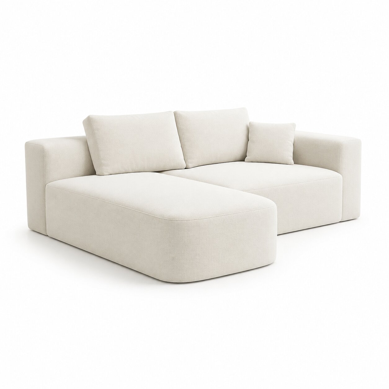 A modern modular sectional sofa upholstered in a light cream fabric, featuring a low-profile chaise lounge on the left, two back cushions, and a right armrest, shown on a solid white background.