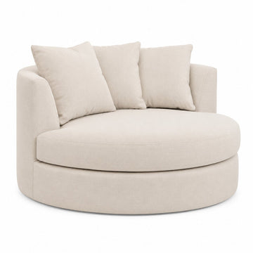 A round upholstered lounge chair in a light beige fabric with three matching back cushions, shown on a plain white background.