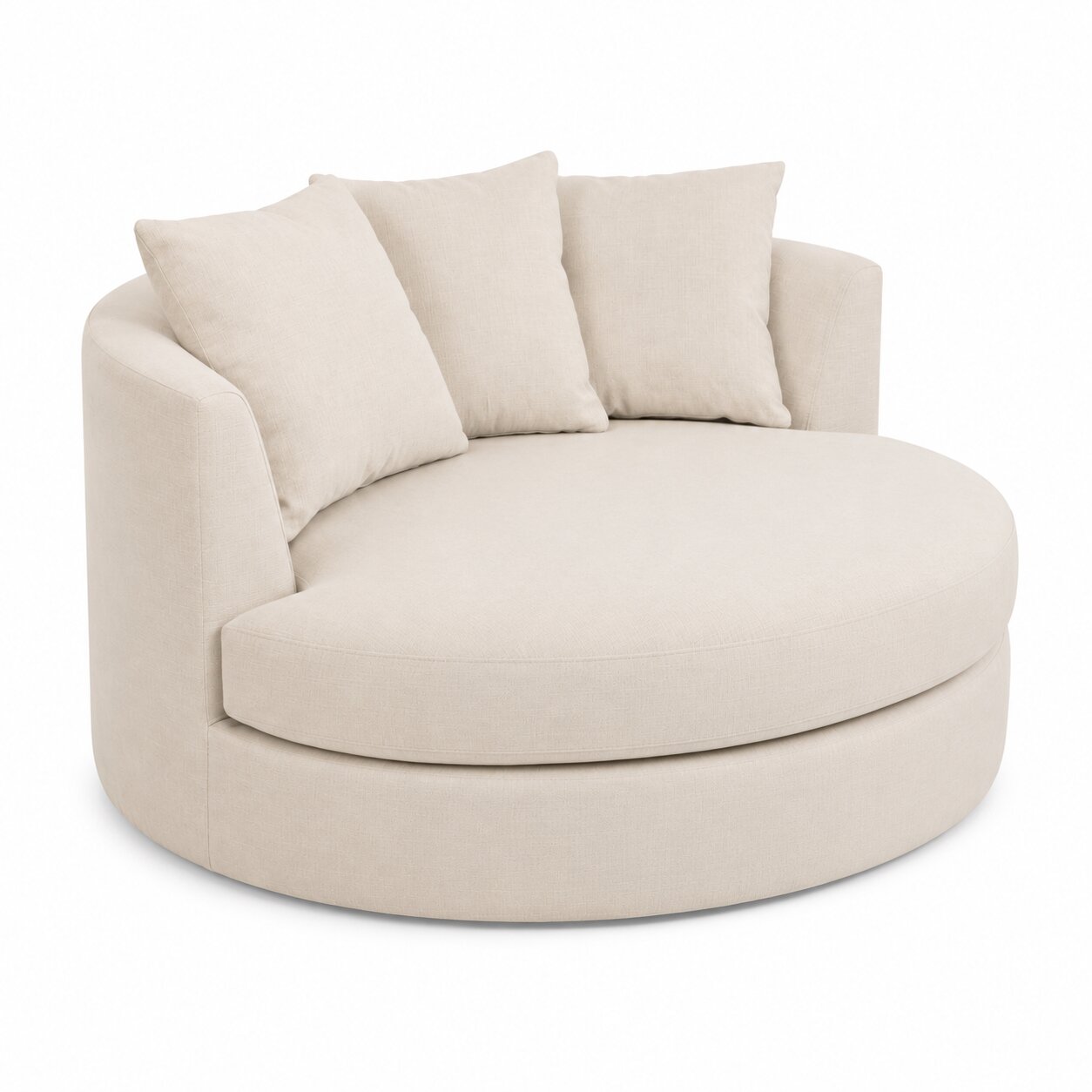 A round upholstered lounge chair with a thick cushioned seat and back, three matching back pillows, and a low tiered base, shown on a plain white background.