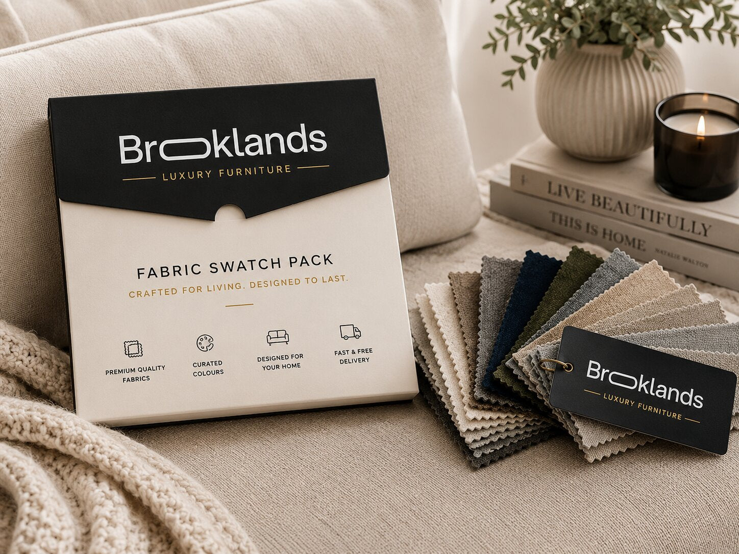 Brooklands Luxury Furniture Fabric Swatch Pack displayed on a beige sofa with a knit blanket, books, a candle, and a potted plant. The pack includes a black-and-white retail box and several fabric swatches in neutral and muted tones.