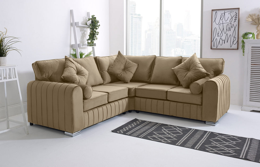 Lilly Corner Fullback 2C2 sofa with extra cushions in mink - Brooklands Home Decor