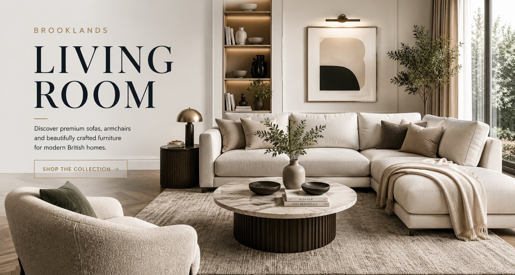 Brooklands Living Room collection banner featuring premium sofas, armchairs and modern British living room furniture.