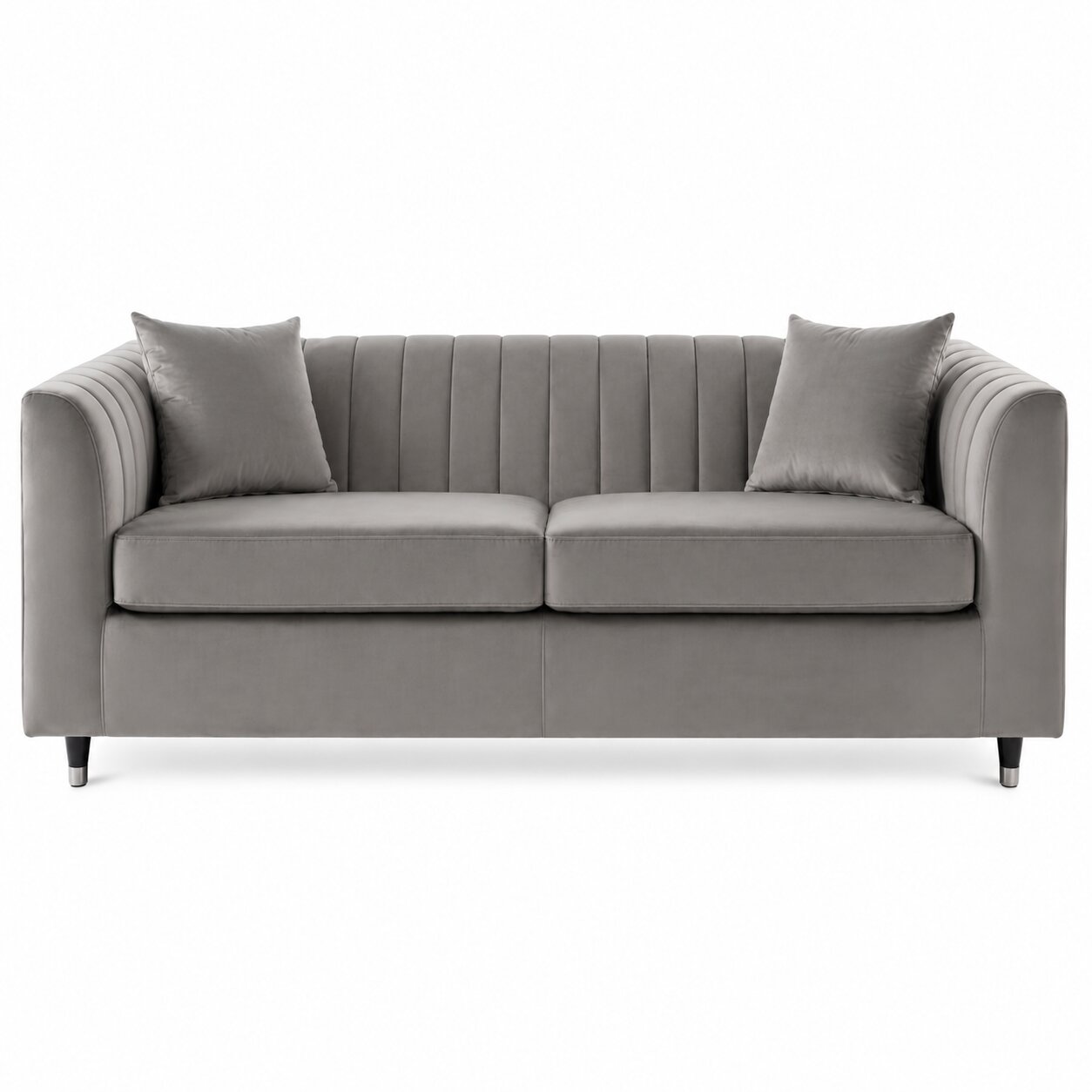 A modern gray fabric loveseat with vertical channel tufting on the backrest, two matching throw pillows, and slim dark legs, shown against a plain white background.