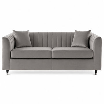 A modern gray fabric loveseat with vertical channel tufting on the backrest, two matching throw pillows, and slim dark legs, shown against a plain white background.