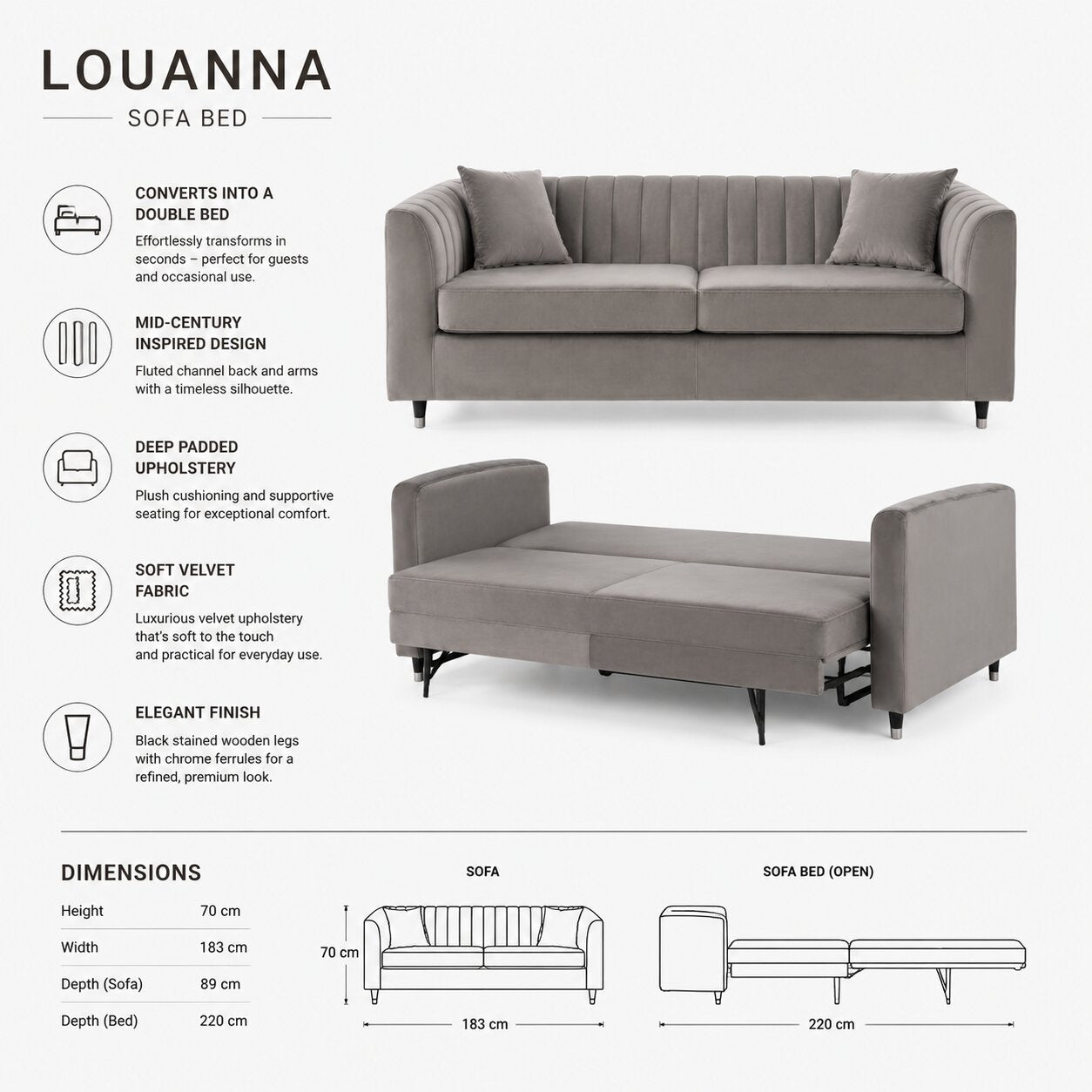 Louanna sofa bed product infographic showing two views of the upholstered bed, feature callouts, and dimensions. The sofa bed is upholstered in light gray fabric and shown both as a three-seat sofa and converted into a double bed.