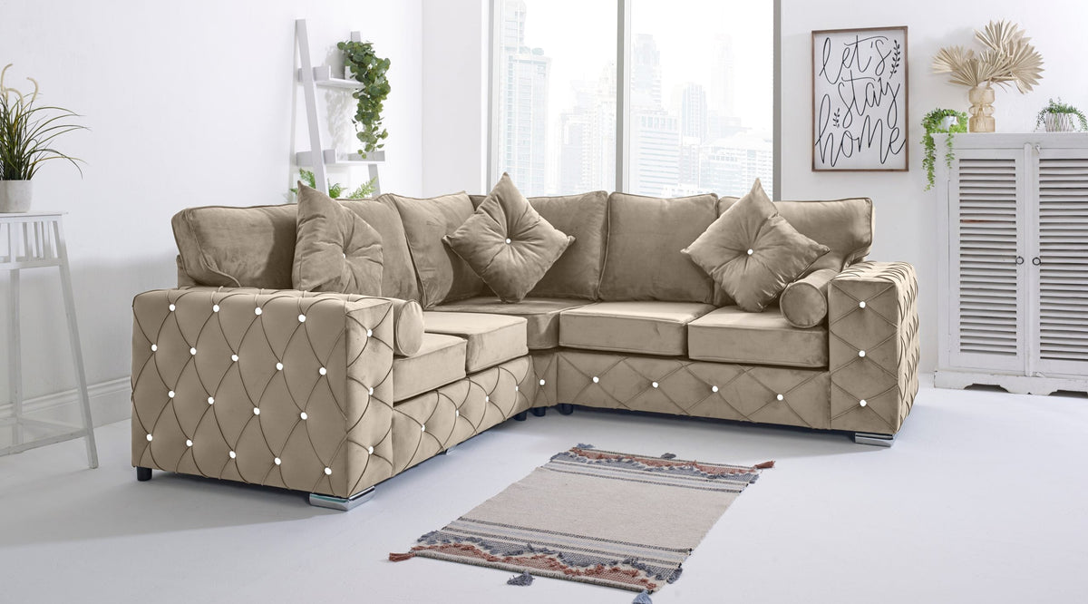 Milton Corner Fullback 2C2 with diamond detailing and bolster cushions in cream - Brooklands Home Decor