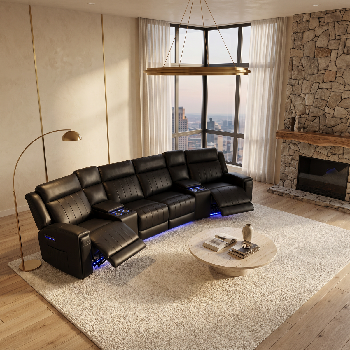 Montero Smart Cinema four seater black recliner sofa with illuminated consoles in a modern living room - Brooklands Home Decor