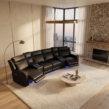 Montero Smart Cinema four seater black recliner sofa with illuminated consoles in a modern living room - Brooklands Home Decor