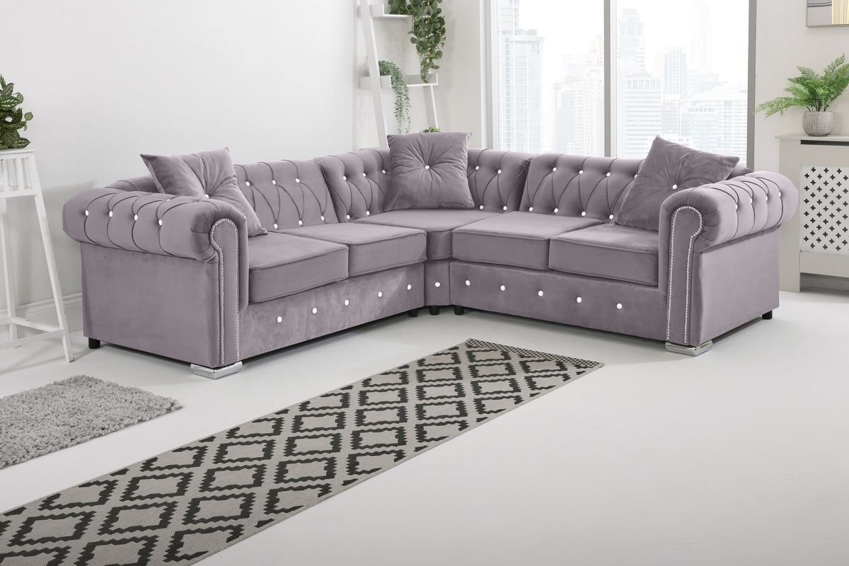 Olympia Chesterfield Diamond Corner Sofa with Extra Cushions in lilac - Brooklands Home Decor