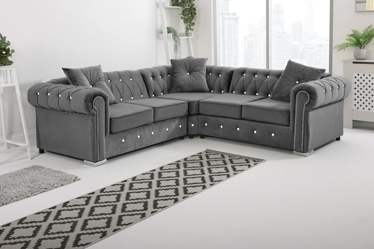 Olympia Chesterfield Diamond Corner Sofa with Extra Cushions in steel - Brooklands Home Decor