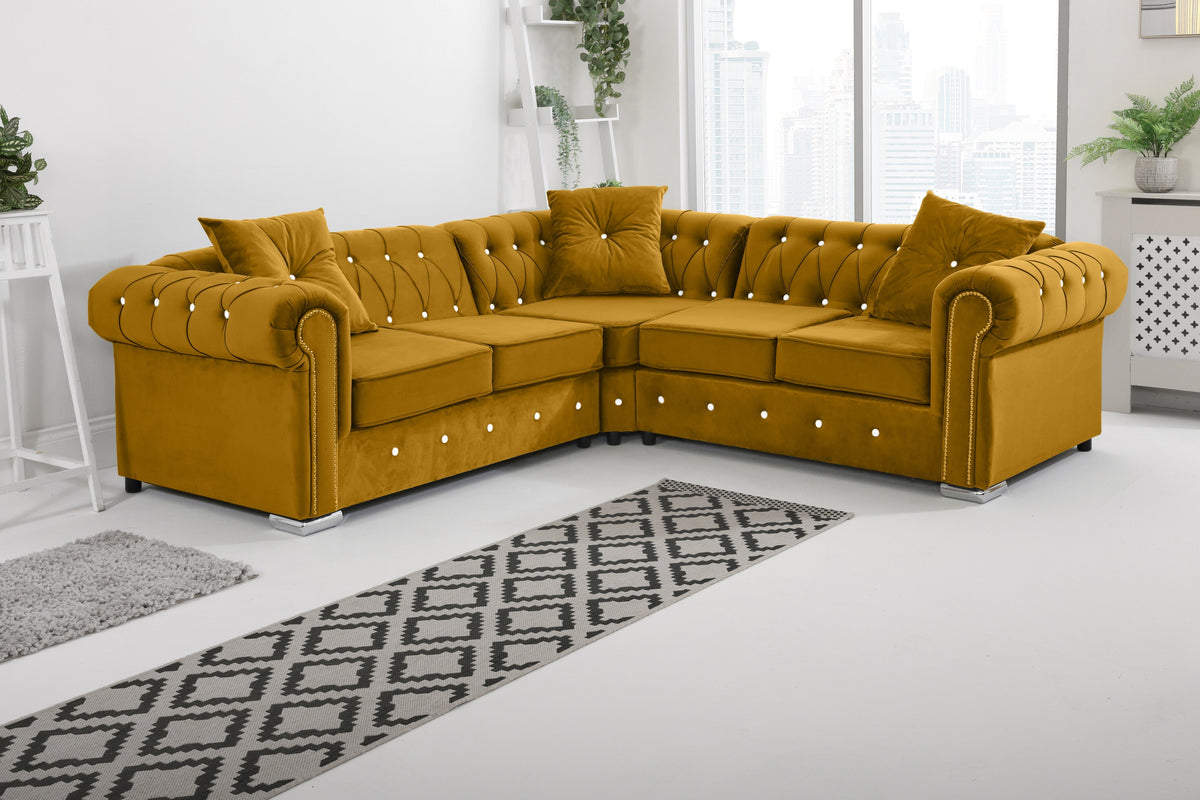 Olympia Chesterfield Diamond Corner Sofa with Extra Cushions in mustard - Brooklands Home Decor