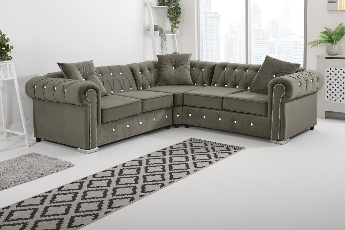 Olympia Chesterfield Diamond Corner Sofa with Extra Cushions in elephant - Brooklands Home Decor