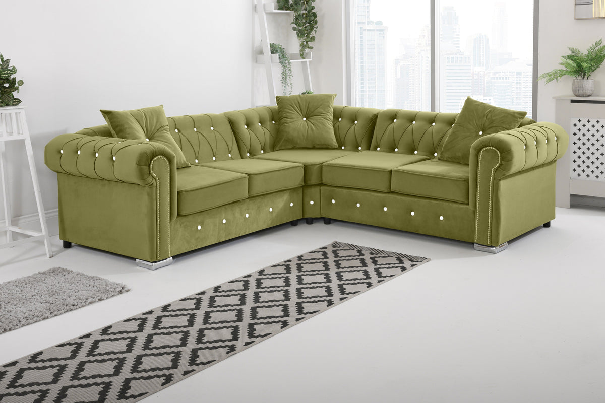 Olympia Chesterfield Diamond Corner Sofa with Extra Cushions in lime - Brooklands Home Decor