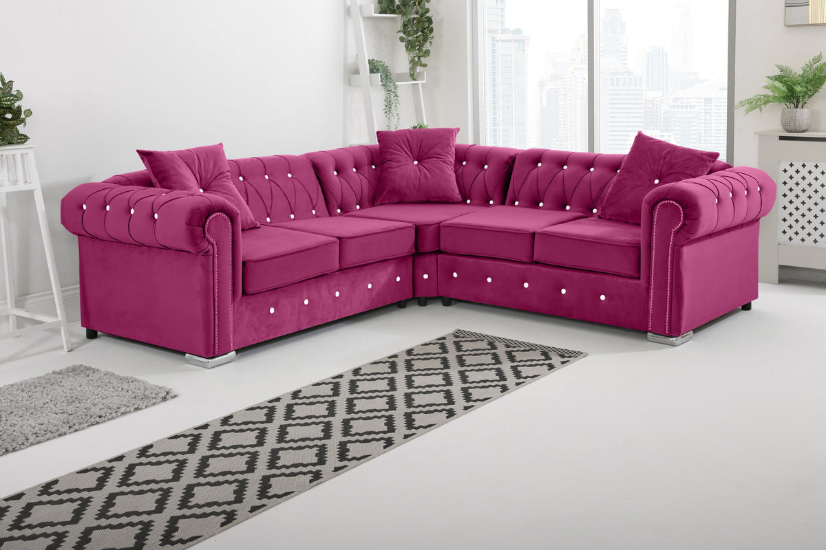 Olympia Chesterfield Diamond Corner Sofa with Extra Cushions in cerise - Brooklands Home Decor
