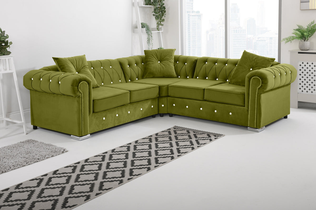 Olympia Chesterfield Diamond Corner Sofa with Extra Cushions in olive - Brooklands Home Decor