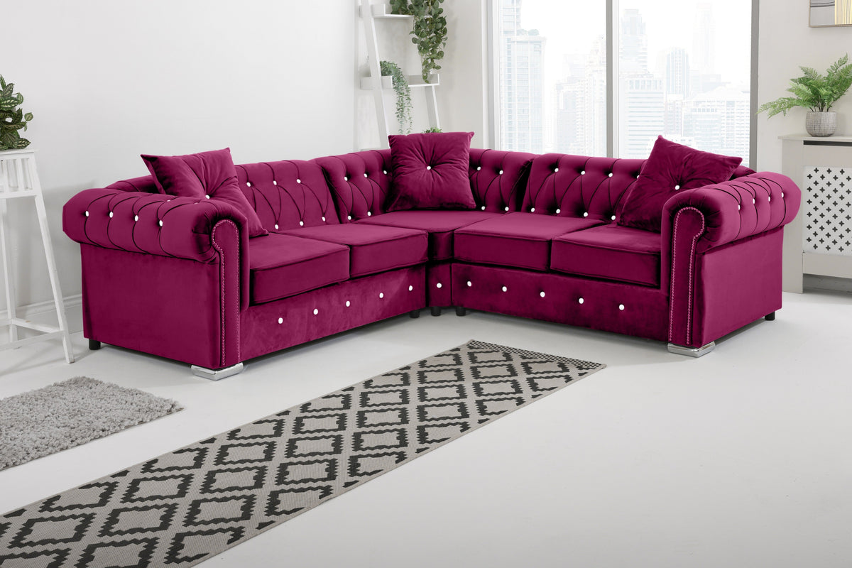 Olympia Chesterfield Diamond Corner Sofa with Extra Cushions in claret - Brooklands Home Decor
