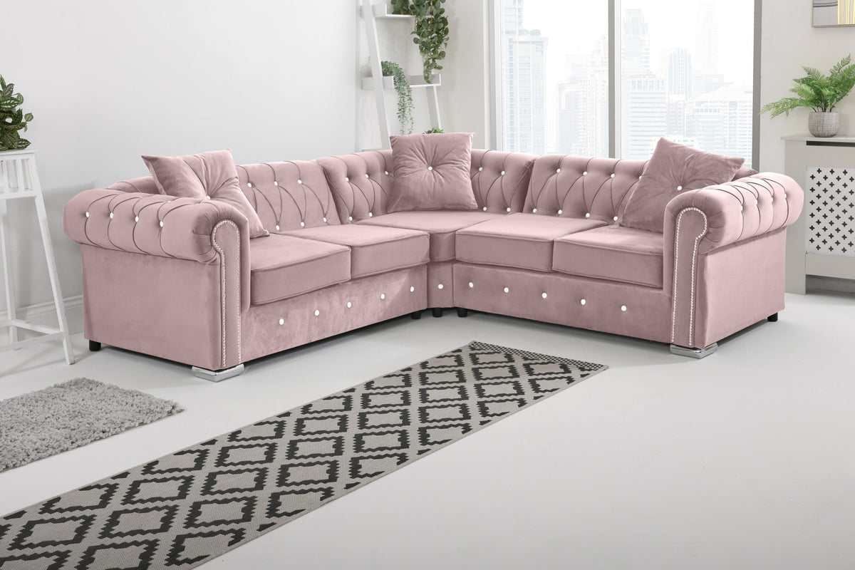 Olympia Chesterfield Diamond Corner Sofa with Extra Cushions in pink - Brooklands Home Decor
