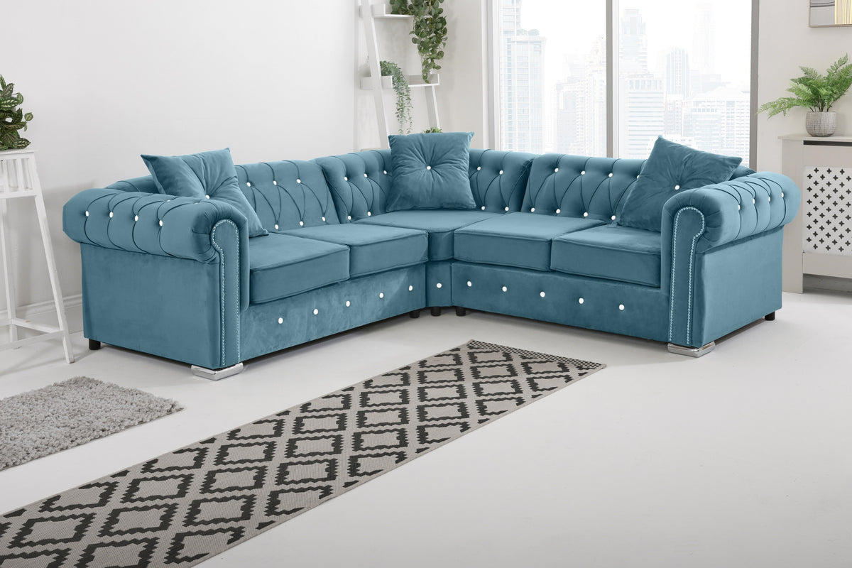Olympia Chesterfield Diamond Corner Sofa with Extra Cushions in sky - Brooklands Home Decor