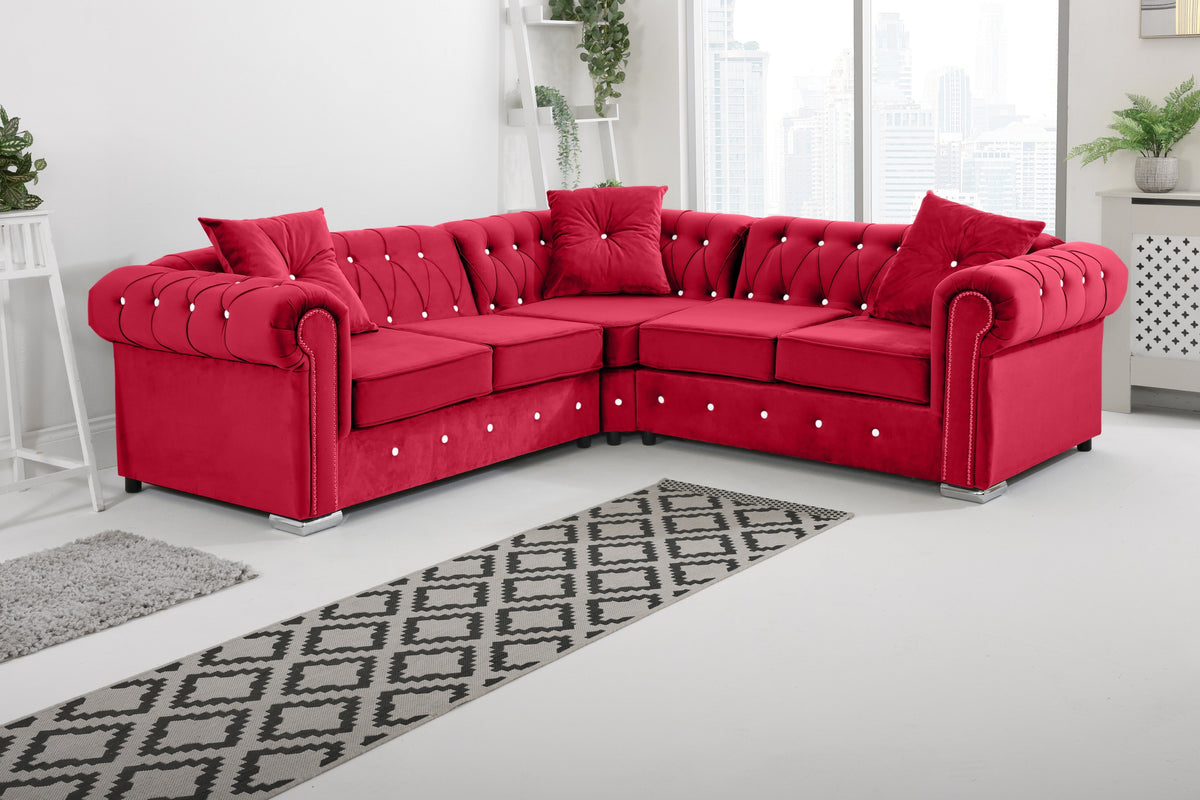 Olympia Chesterfield Diamond Corner Sofa with Extra Cushions in red - Brooklands Home Decor