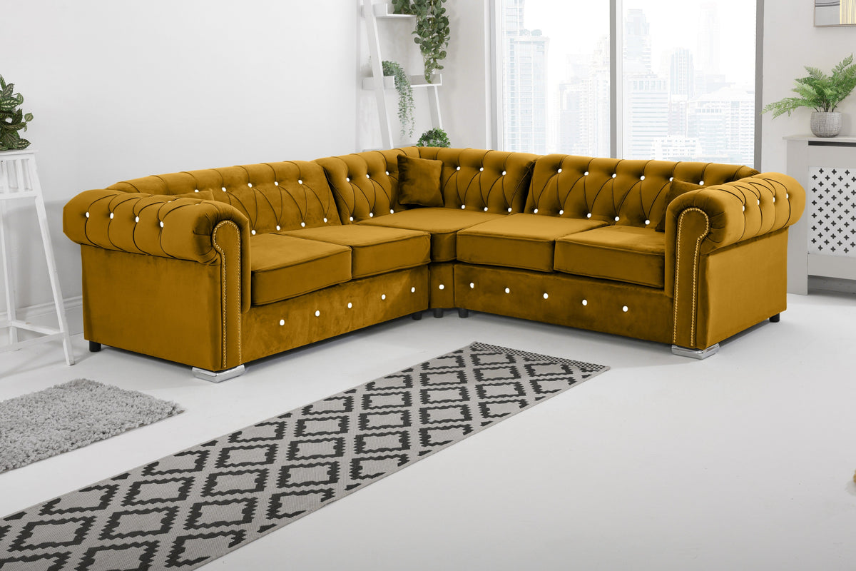 Olympia Chesterfield Diamond Corner Sofa with Extra Cushions in mustard - Brooklands Home Decor