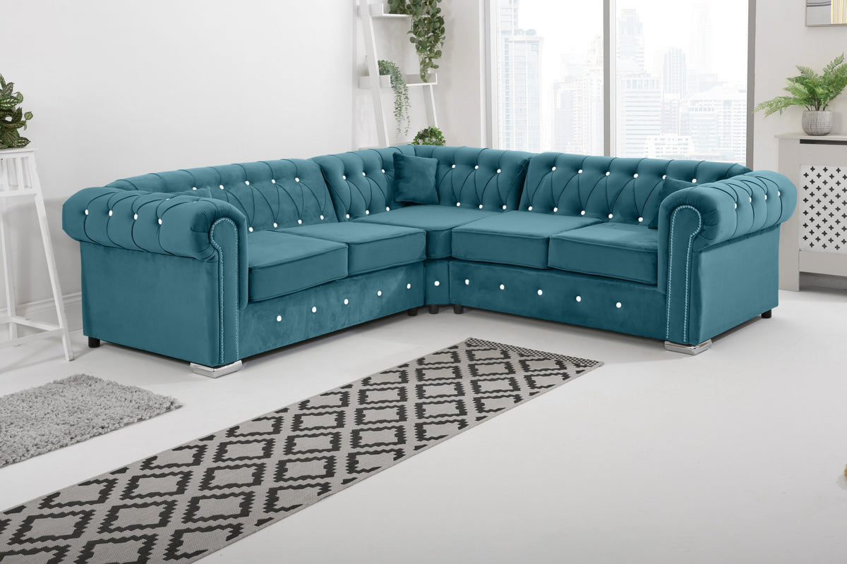 Olympia Chesterfield Diamond Corner Sofa with Extra Cushions in teal - Brooklands Home Decor