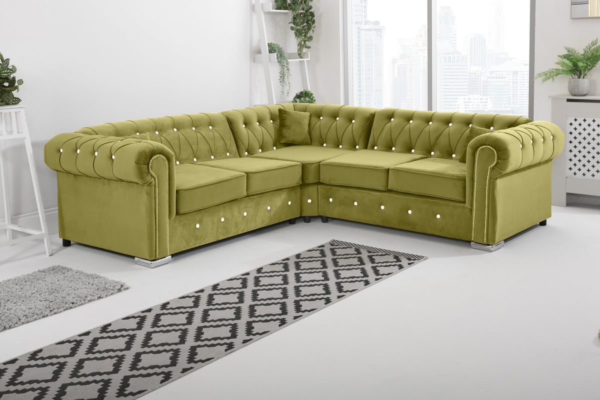 Olympia Chesterfield Diamond Corner Sofa with Extra Cushions in lime - Brooklands Home Decor