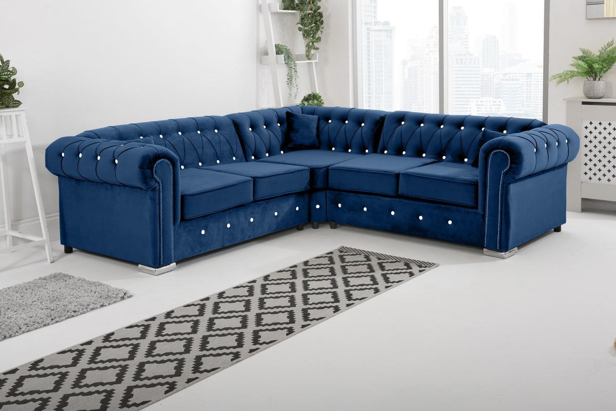 Olympia Chesterfield Diamond Corner Sofa with Extra Cushions in marine - Brooklands Home Decor
