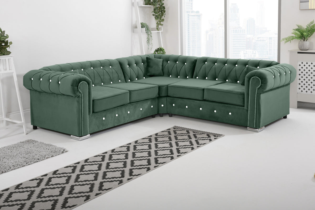 Olympia Chesterfield Diamond Corner Sofa with Extra Cushions in plush emerald - Brooklands Home Decor