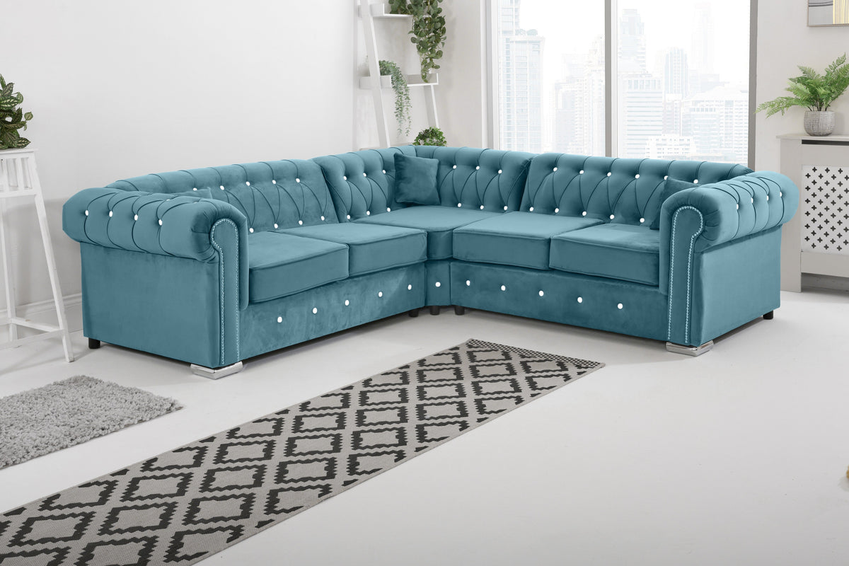Olympia Chesterfield Diamond Corner Sofa with Extra Cushions in sky - Brooklands Home Decor