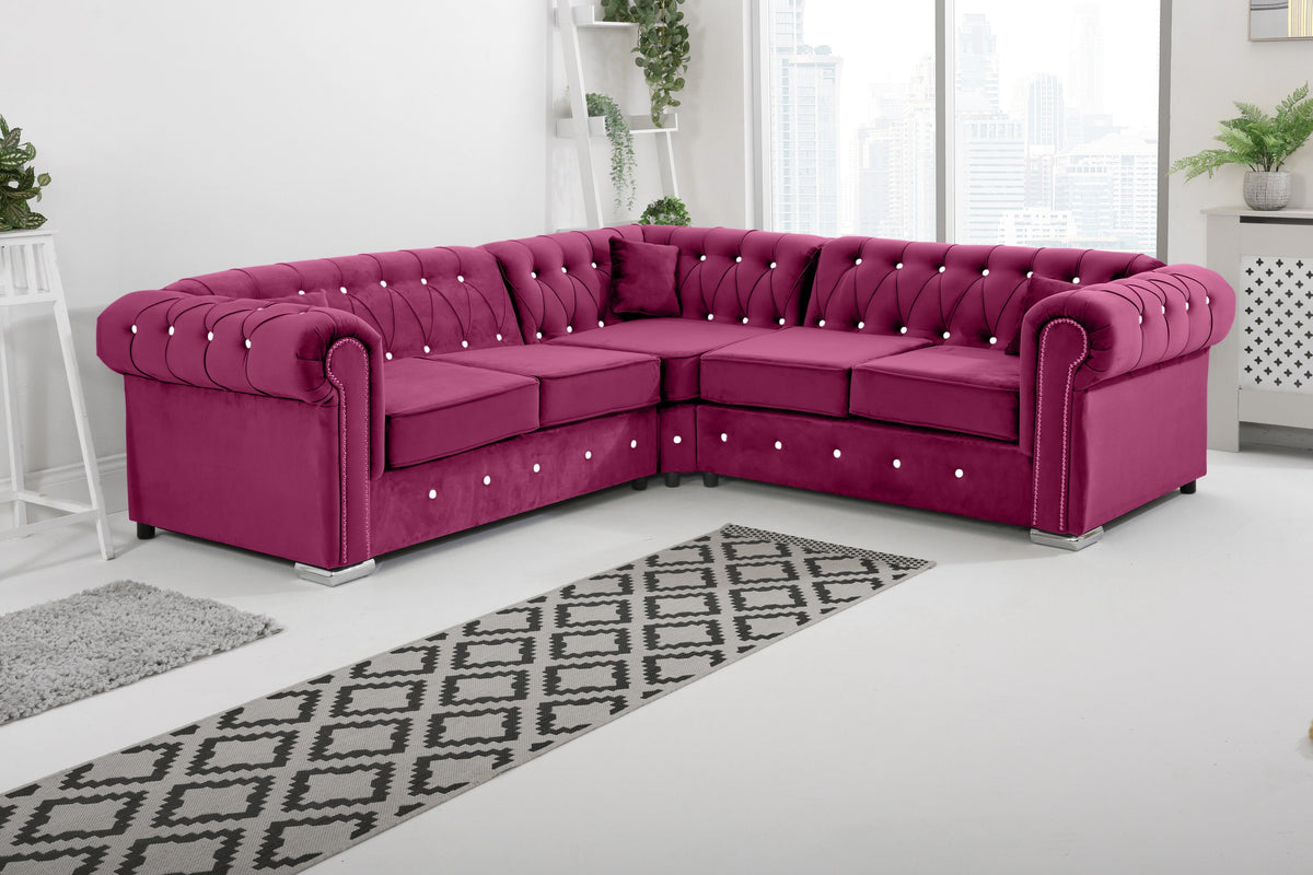 Olympia Chesterfield Diamond Corner Sofa with Extra Cushions in cerise - Brooklands Home Decor