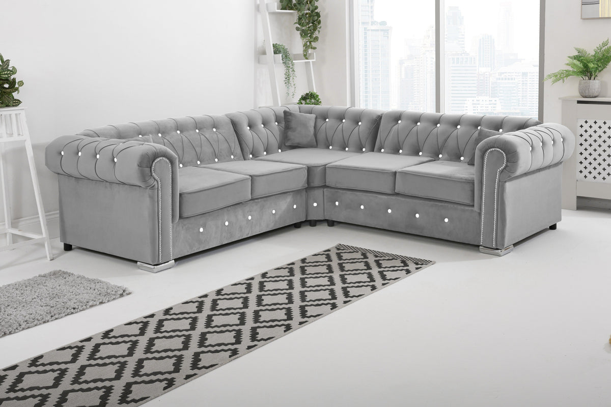 Olympia Chesterfield Diamond Corner Sofa with Extra Cushions in silver - Brooklands Home Decor