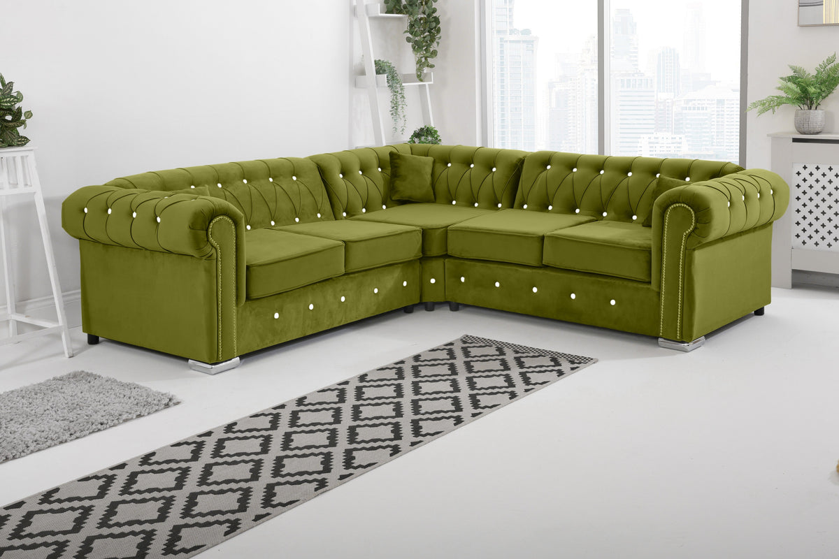 Olympia Chesterfield Diamond Corner Sofa with Extra Cushions in olive - Brooklands Home Decor