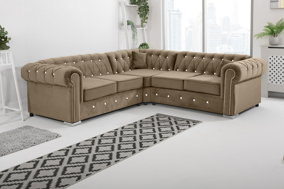 Olympia Chesterfield Diamond Corner Sofa with Extra Cushions in mink - Brooklands Home Decor