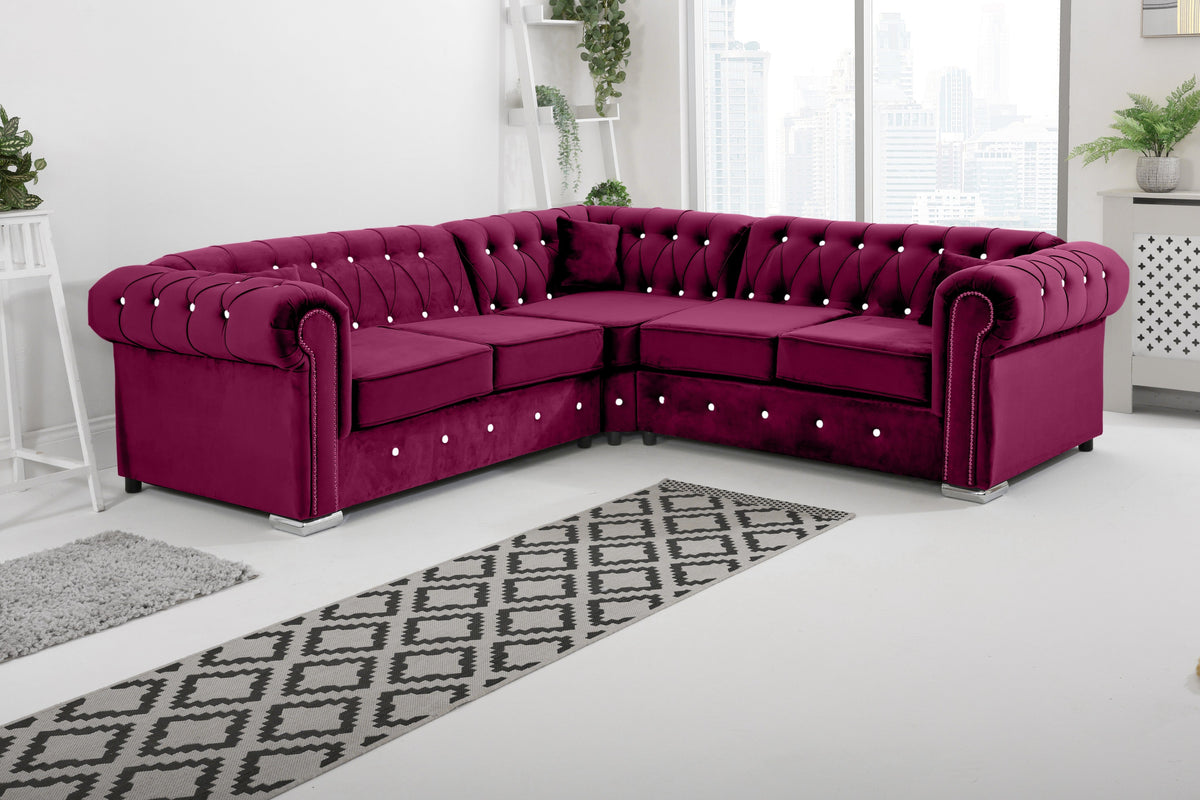 Olympia Chesterfield Diamond Corner Sofa with Extra Cushions in claret - Brooklands Home Decor