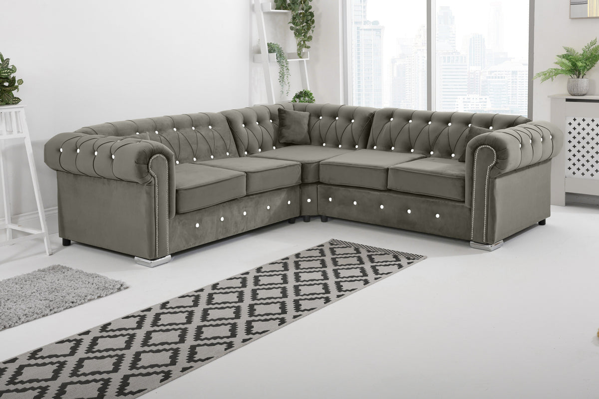 Olympia Chesterfield Diamond Corner Sofa with Extra Cushions in elephant - Brooklands Home Decor